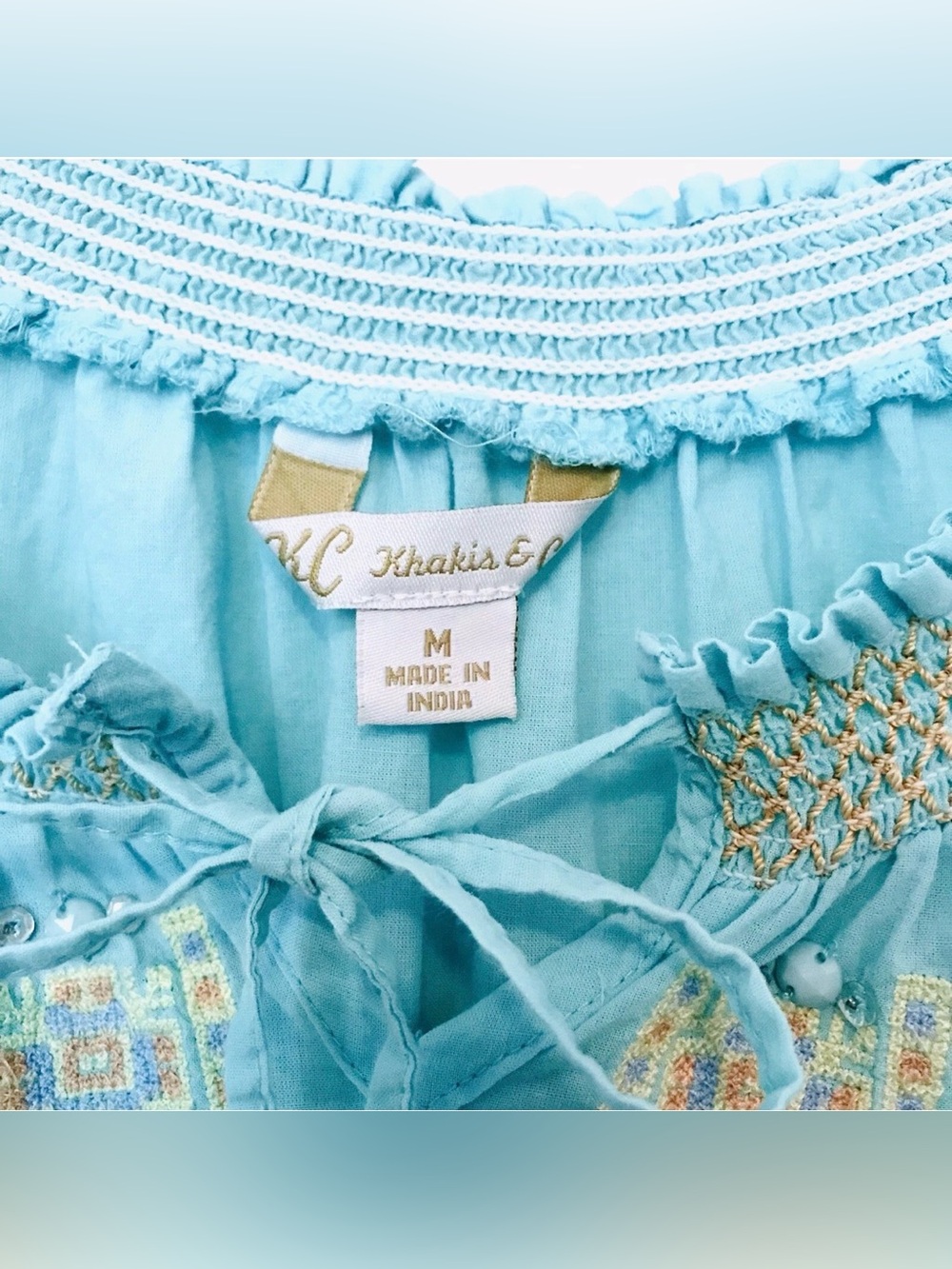 KC Khakis & Co. Womens M Mint Peasant Embroidered Beaded Short Sleeve Boho Top - Picture 4 of 10